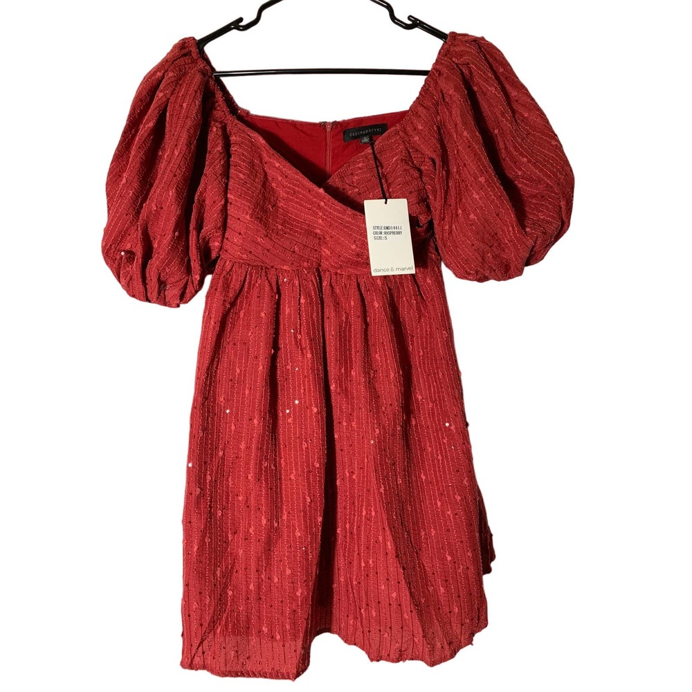 NWT Dance & Marvel Raspberry Red Off Shoulder Puff Sleeve Sequin Dress Sz S